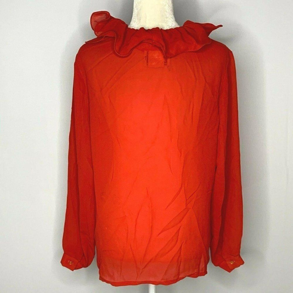 Vintage 80s Teddi Button Up Shirt L Red Ruffle - Picture 6 of 8